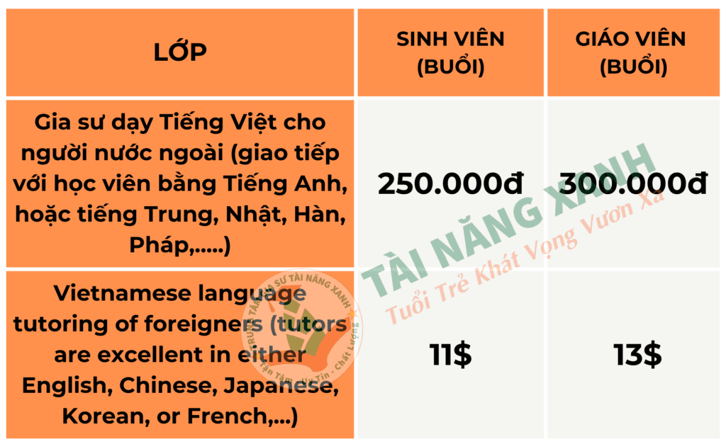 HỌC PHÍ THAM KHẢO HỌC PHÍ GIA SƯ TIẾNG VIỆT CHO NGƯỜI NƯỚC NGOÀI