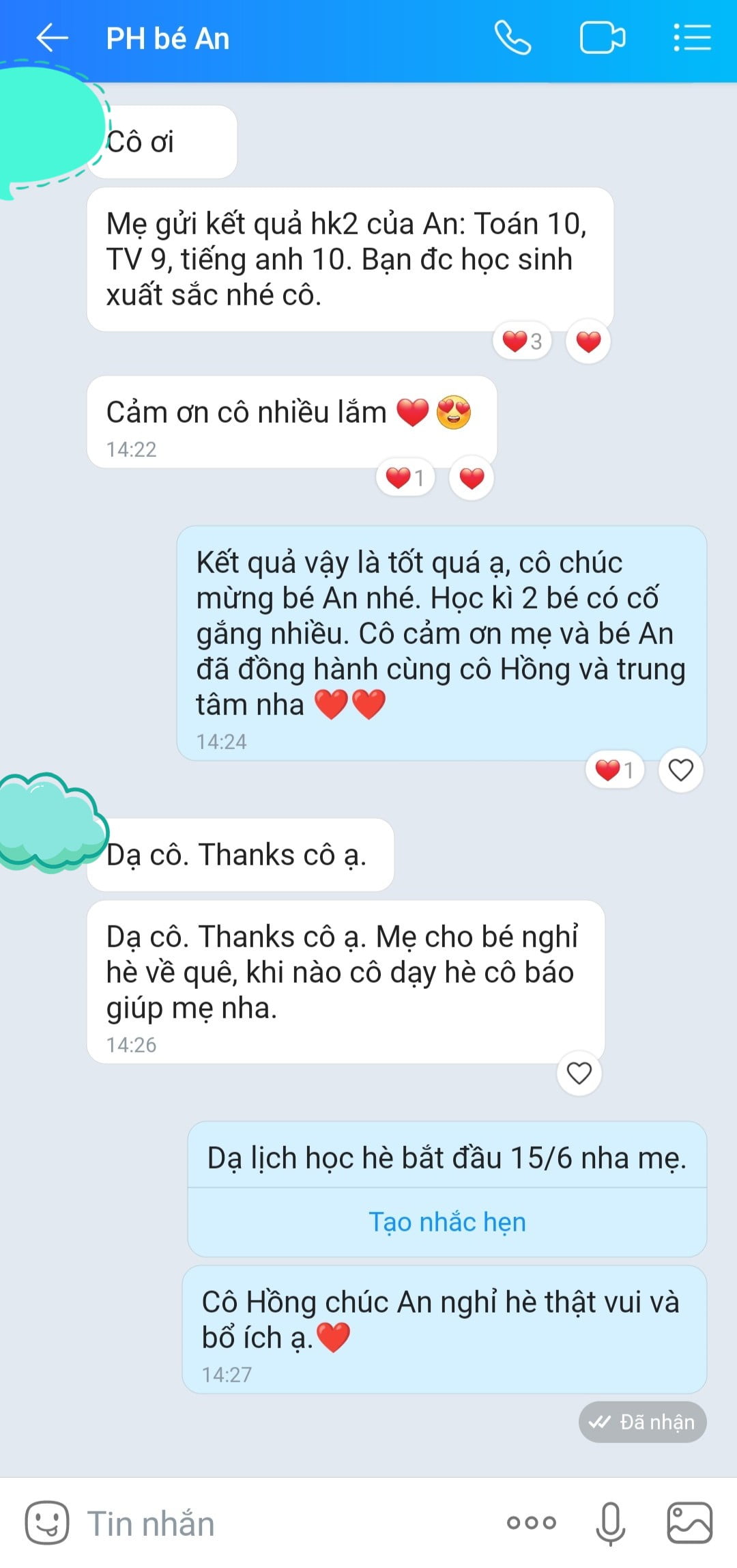 GIA SƯ CHẤT LƯỢNG - TRUNG TÂM TÀI NĂNG XANH phu huynh feedback 4